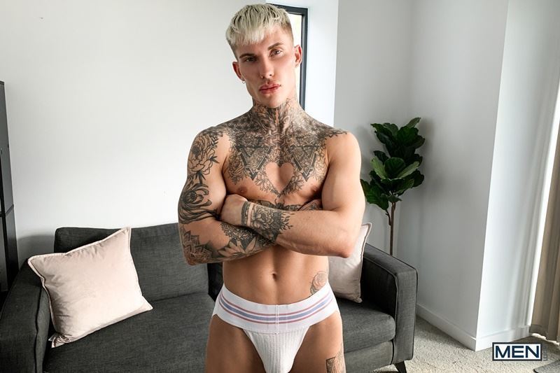 Hot young tattooed stud Cole Clint strips naked tight sexy jockstrap stroking huge uncut cock Men 003 gay porn pics - Cole Clint