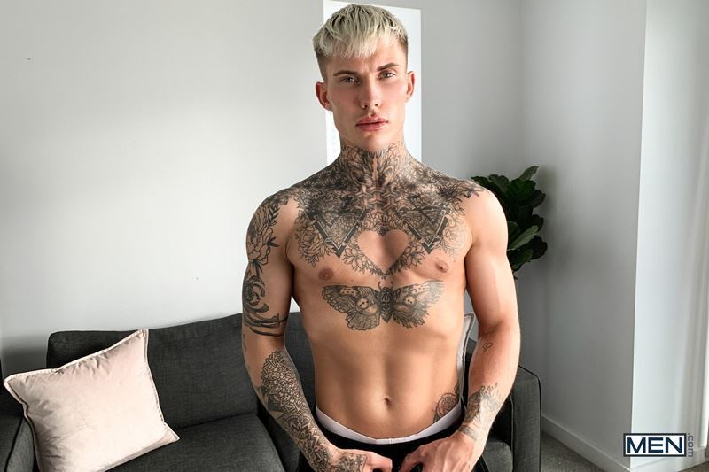 Hot young tattooed stud Cole Clint strips naked tight sexy jockstrap stroking huge uncut cock Men 007 gay porn pics - Cole Clint