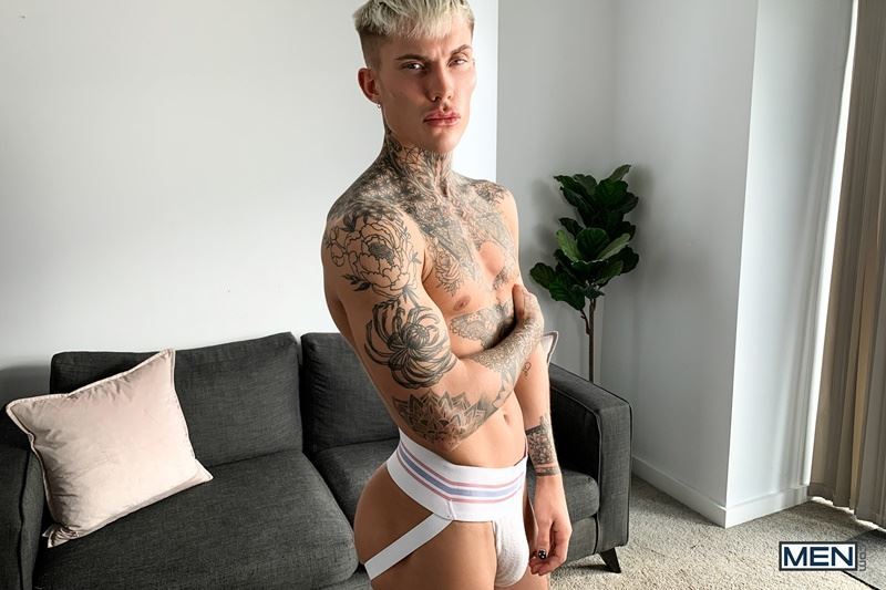Hot young tattooed stud Cole Clint strips naked tight sexy jockstrap stroking huge uncut cock Men 009 gay porn pics - Cole Clint