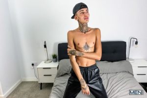 Men young English twink Logan strips nude tight black jockstrap jerking big dick spraying jizz 001 gay porn pics 300x200 - Richie West, Sky Clesi