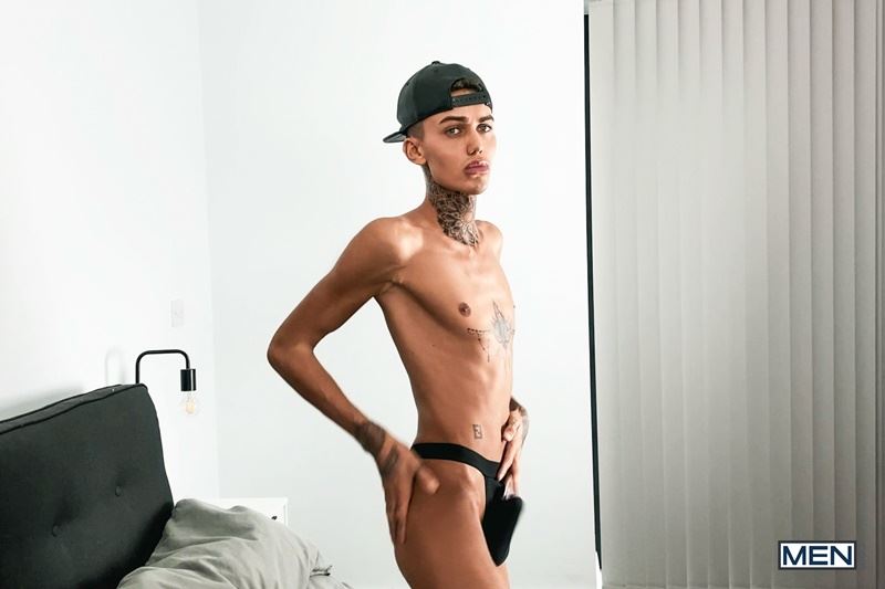Men young English twink Logan strips nude tight black jockstrap jerking big dick spraying jizz 012 gay porn pics - Logan