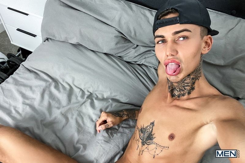 Men young English twink Logan strips nude tight black jockstrap jerking big dick spraying jizz 015 gay porn pics - Logan
