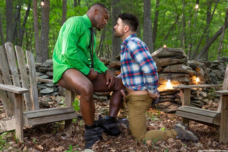 Sexy ebony hunk Andre Donovan huge dick fucking hairy stud Beau Butler in the forest Raging Stallion 8 porno gay pics - Beau Butler, Andre Donovan